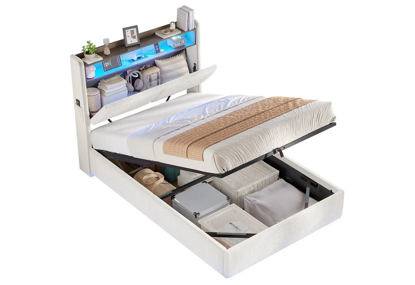 MSMASK Polsterbett mit LED, Stauraum & Ladestation Cord Beige - Bild 3