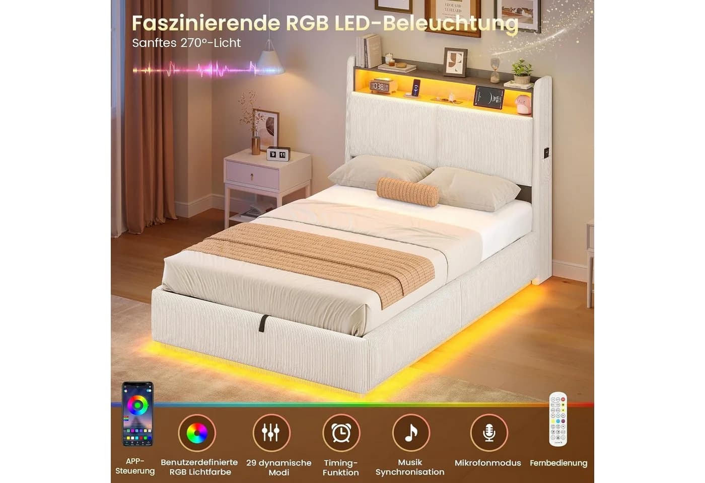 MSMASK Polsterbett mit LED, Stauraum & Ladestation Cord Beige - Bild 4
