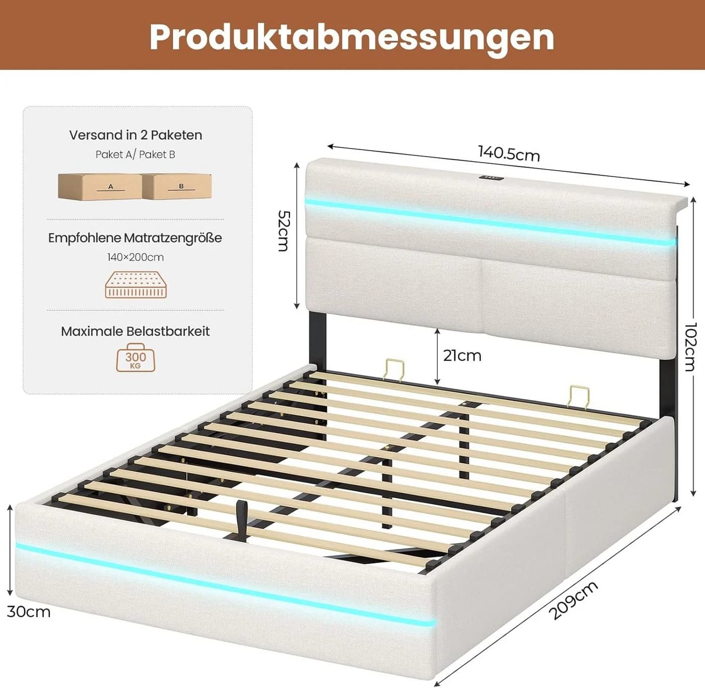 MSMASK Polsterbett 140x200 mit LED, Stauraum & Ladestation Beige