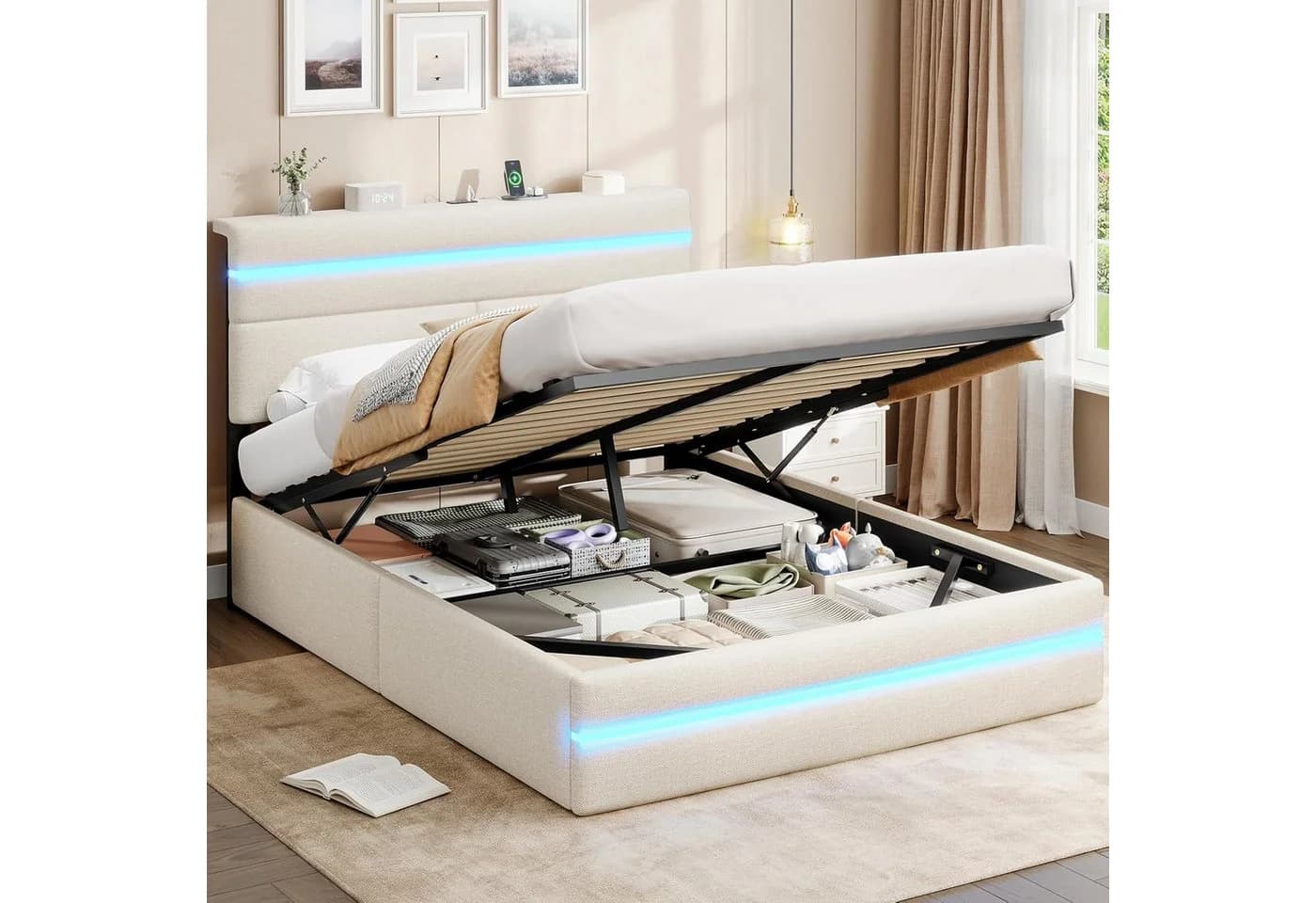 MSMASK Polsterbett 140x200 mit LED, Stauraum & Ladestation Beige - Bild 2