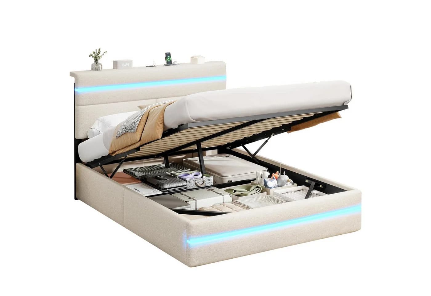 MSMASK Polsterbett 140x200 mit LED, Stauraum & Ladestation Beige - Bild 3