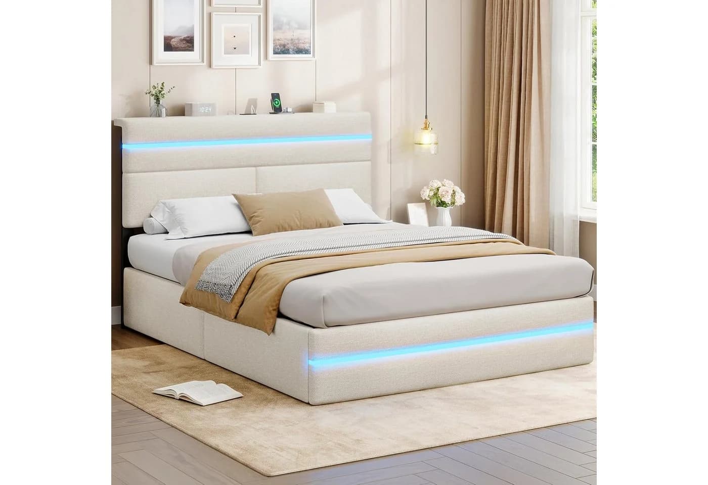 MSMASK Polsterbett 140x200 mit LED, Stauraum & Ladestation Beige - Bild 4