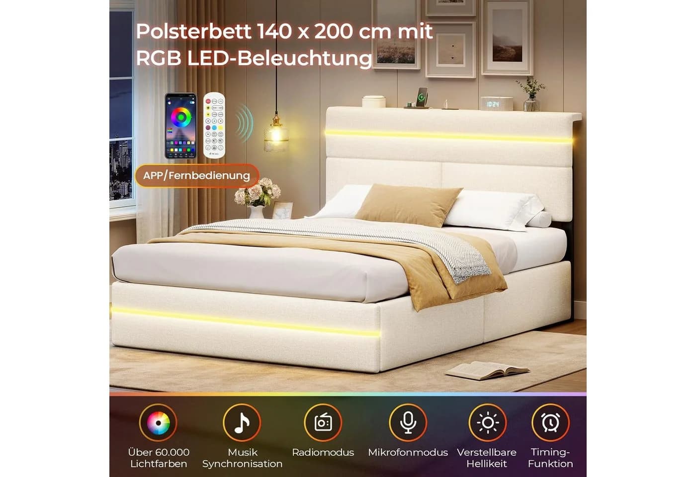 MSMASK Polsterbett 140x200 mit LED, Stauraum & Ladestation Beige - Bild 5