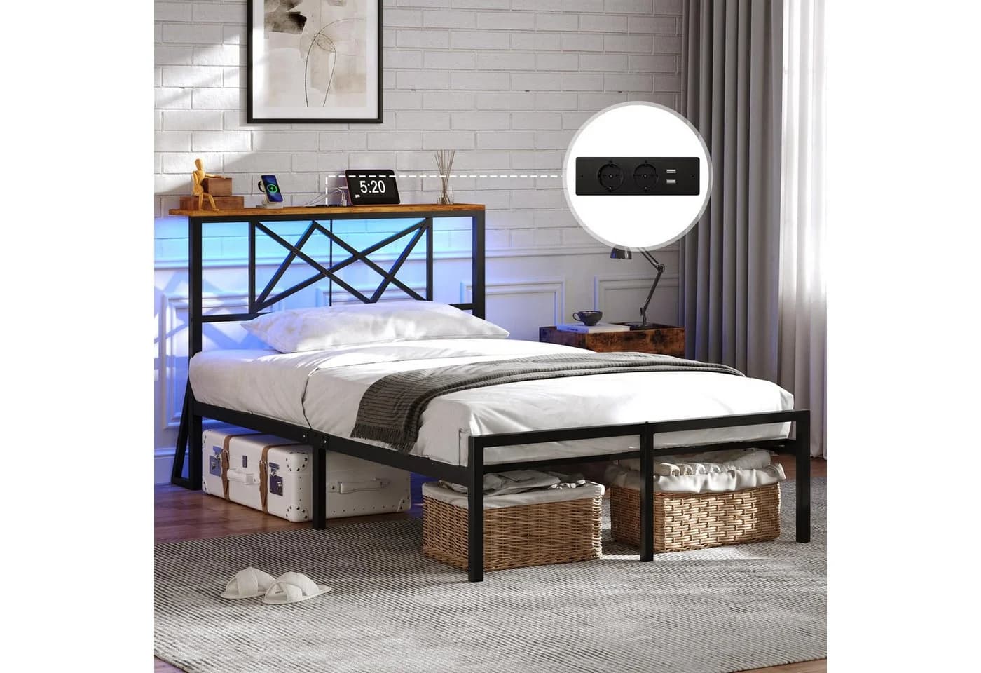 MSMASK Metallbett mit LED-Beleuchtung und USB-Anschlüssen Braun - Bild 2