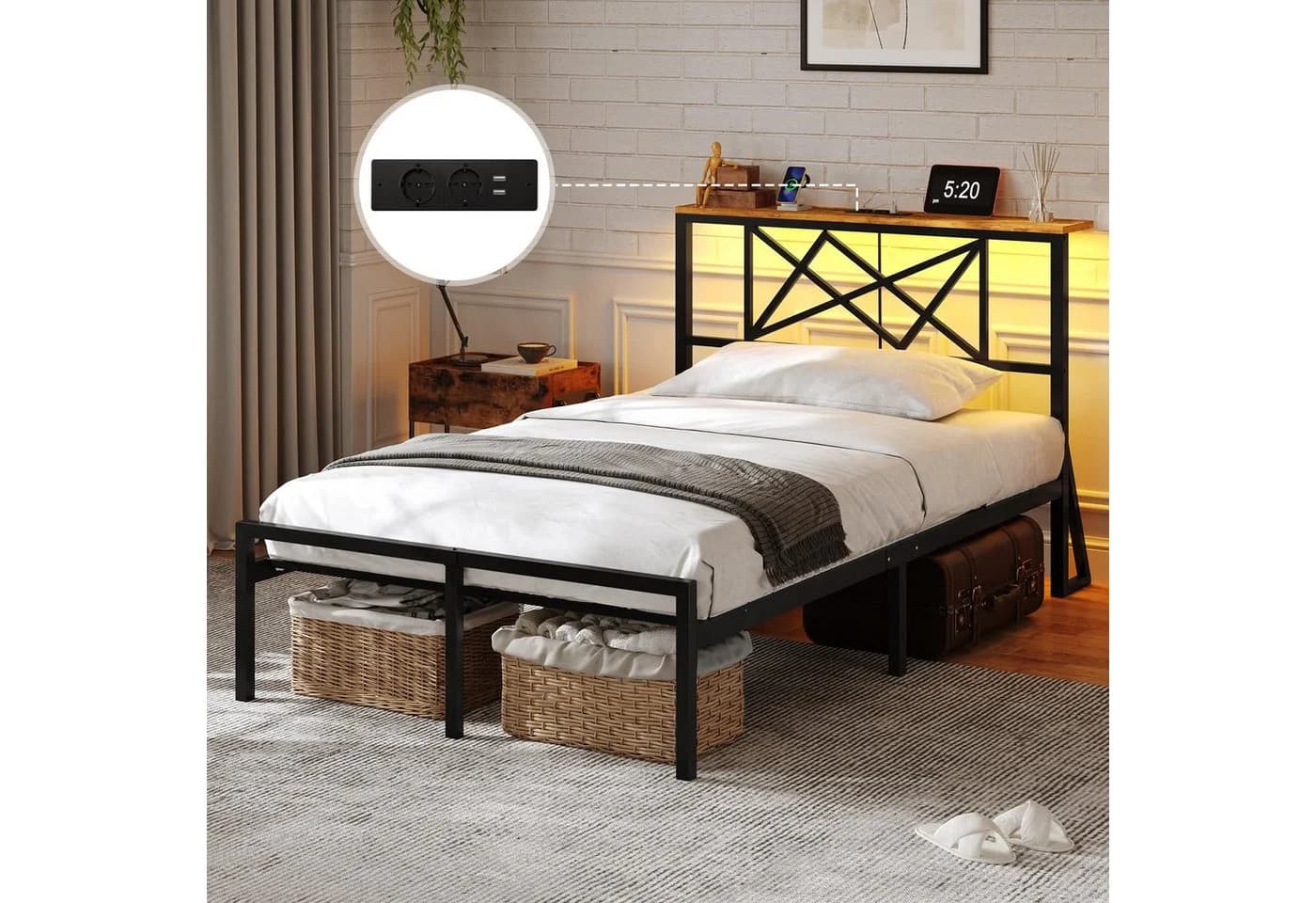 MSMASK Metallbett mit LED-Beleuchtung und USB-Anschlüssen Braun - Bild 5