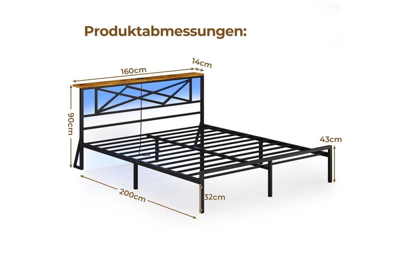 MSMASK Metallbett 160x200 cm Braun mit LED, USB & Steckdose