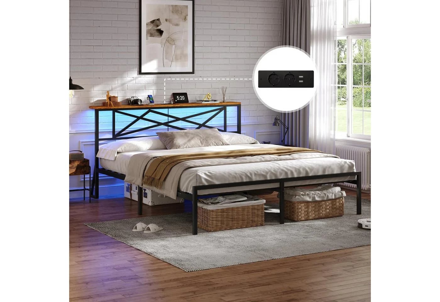 MSMASK Metallbett 160x200 cm Braun mit LED, USB & Steckdose - Bild 2