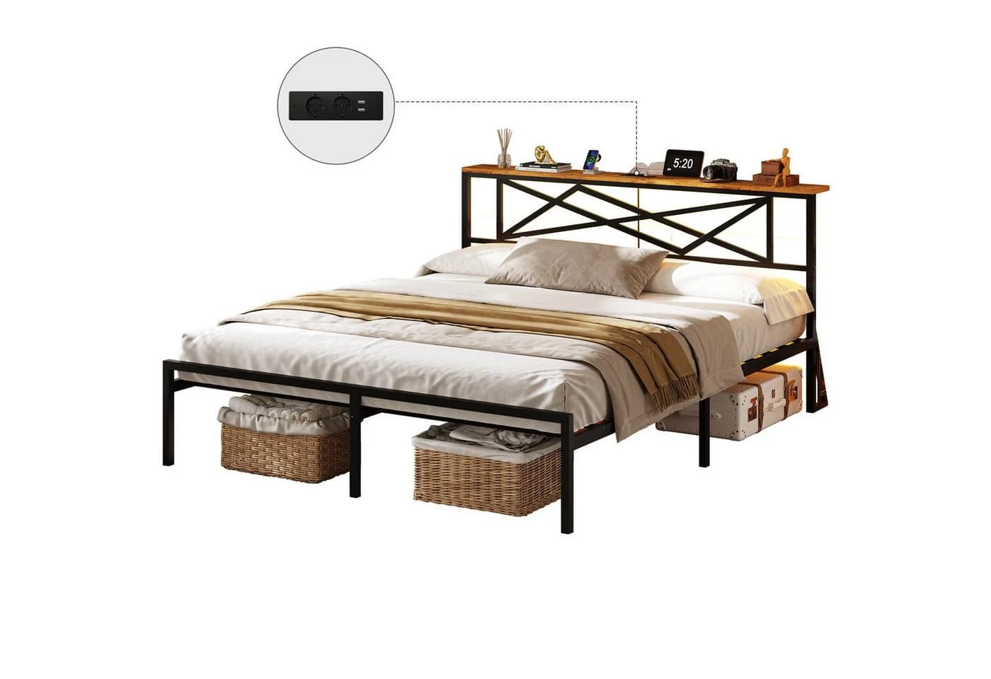 MSMASK Metallbett 160x200 cm Braun mit LED, USB & Steckdose - Bild 3