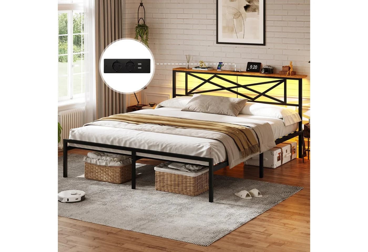 MSMASK Metallbett 160x200 cm Braun mit LED, USB & Steckdose - Bild 4
