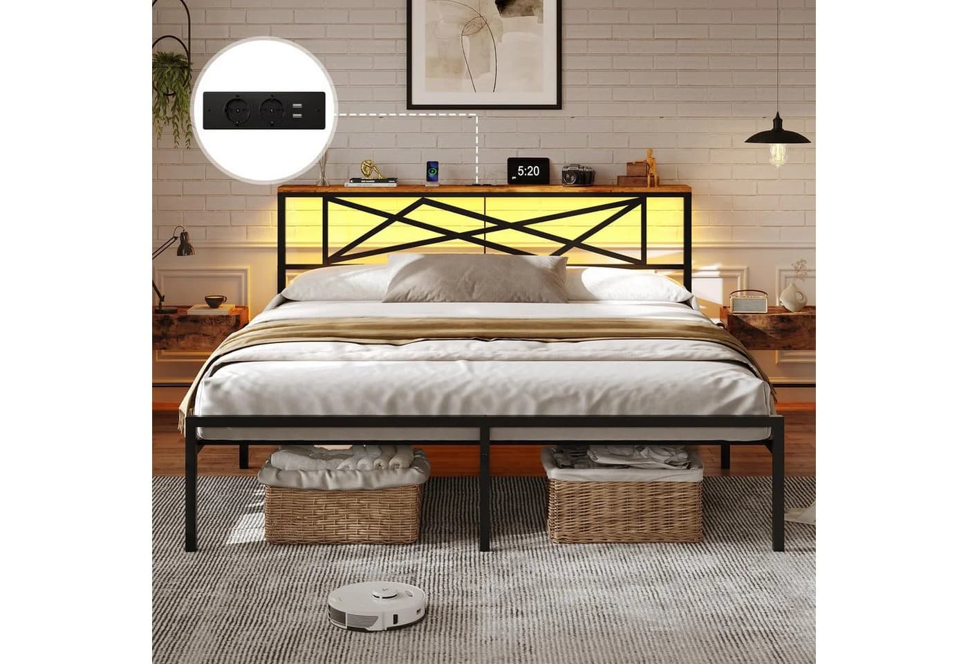 MSMASK Metallbett 160x200 cm Braun mit LED, USB & Steckdose - Bild 5