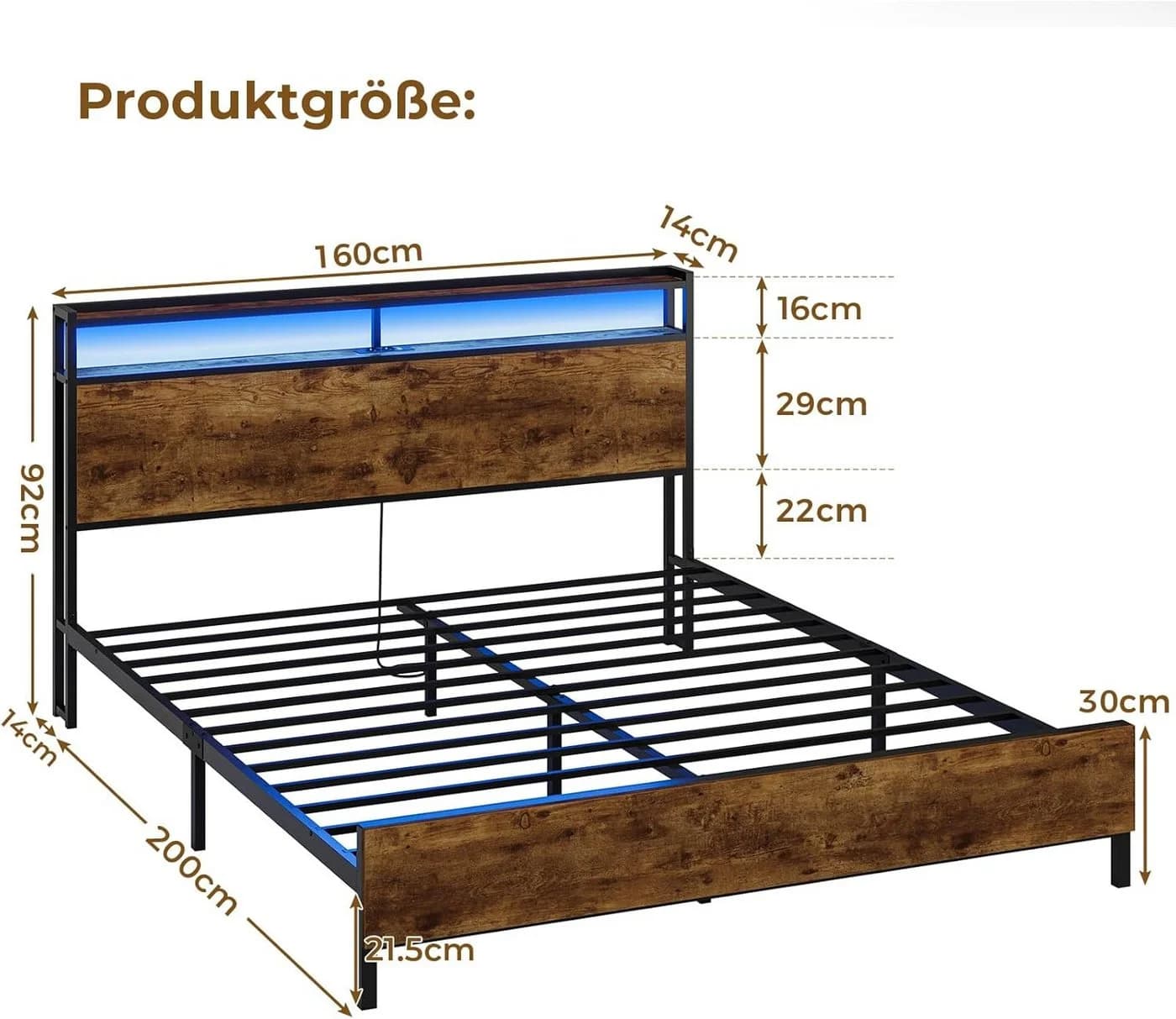 MSMASK Doppelbett 160x200 Braun mit LED, Stauraum & USB-Ladestation