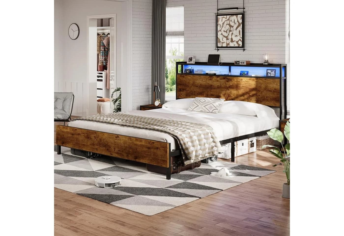 MSMASK Doppelbett 160x200 Braun mit LED, Stauraum & USB-Ladestation - Bild 2