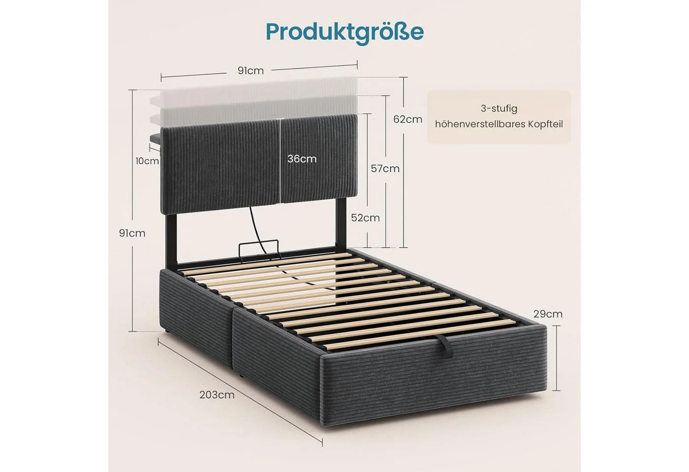KIMENICH Polsterbett Grau mit Stauraum, LED & USB-C