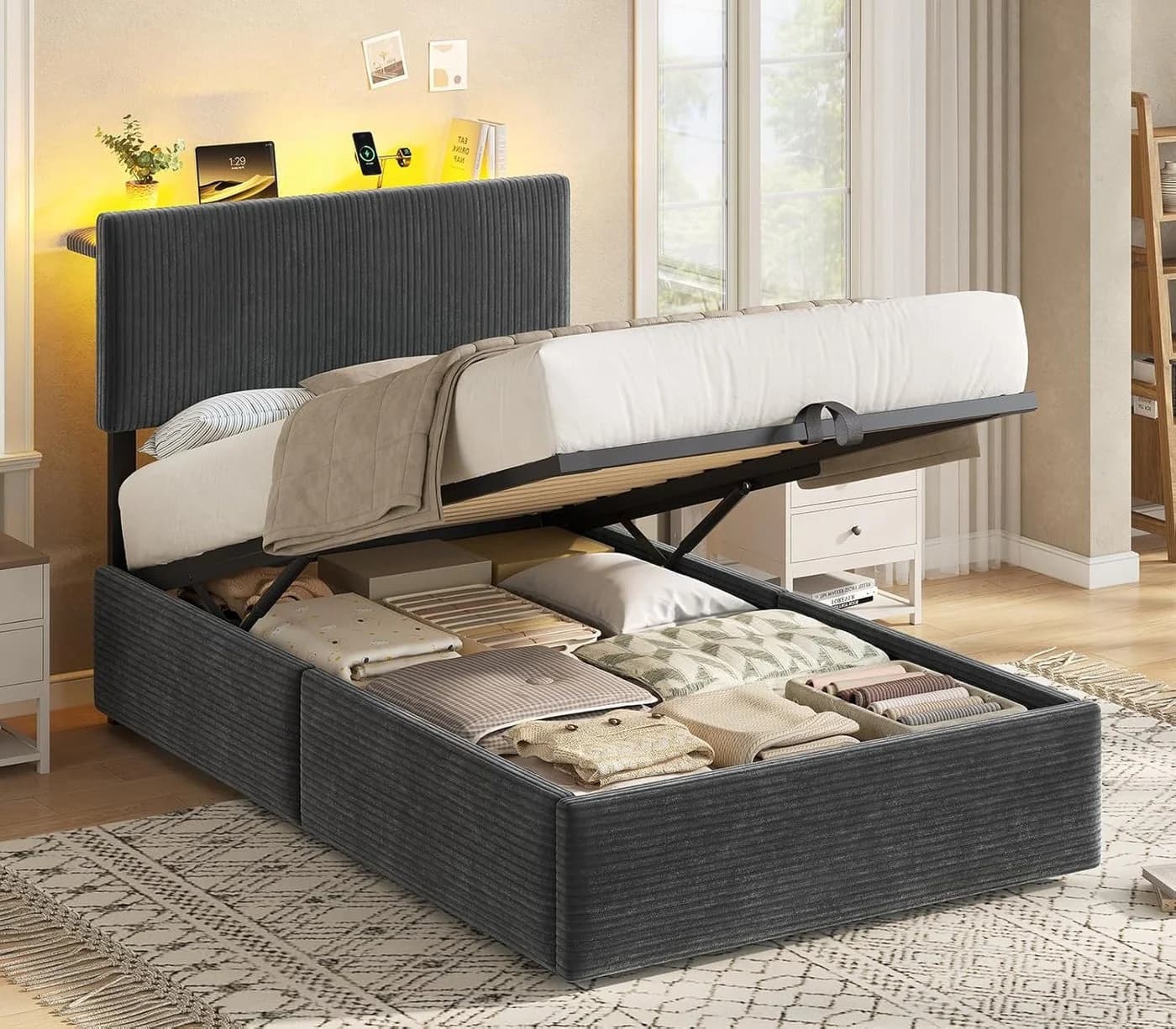 KIMENICH Polsterbett Grau mit Stauraum, LED & USB-C - Bild 2