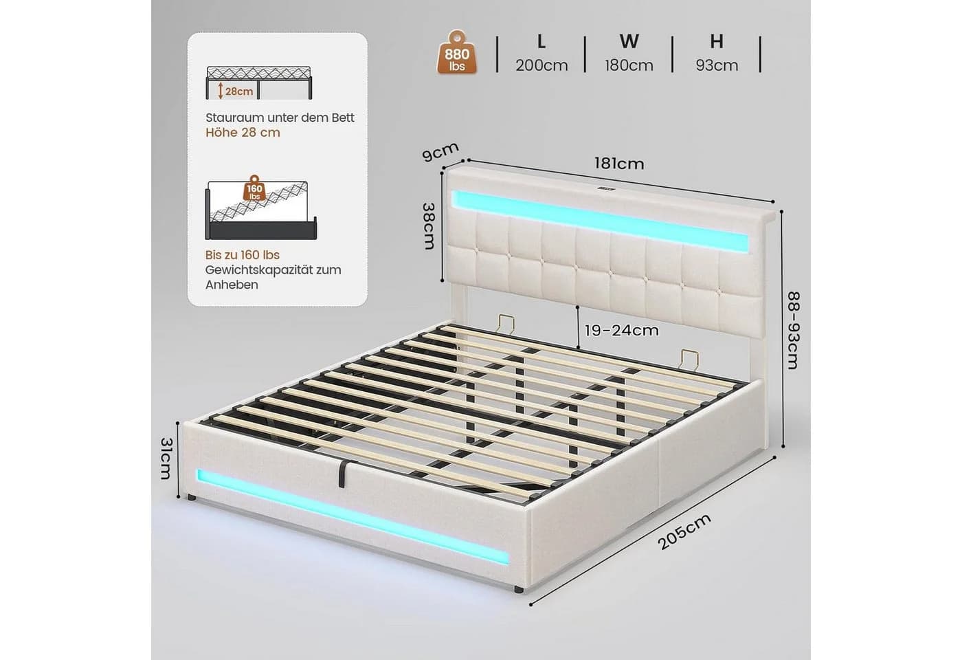 MSMASK Polsterbett Beige Hydraulisches Stauraumbett mit LED-Beleuchtung