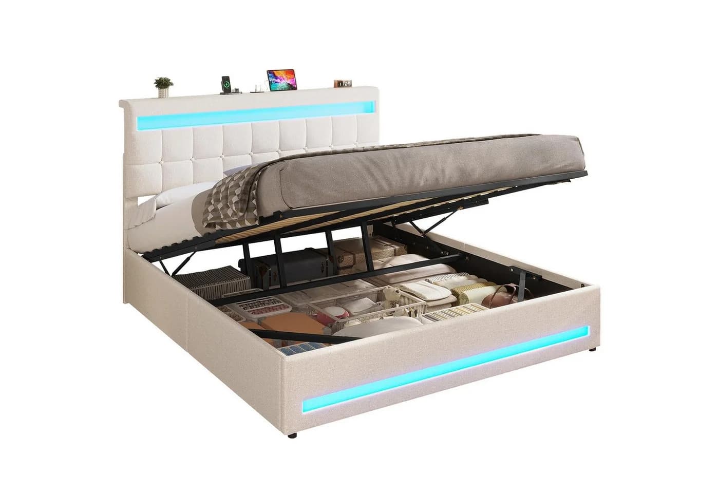 MSMASK Polsterbett Beige Hydraulisches Stauraumbett mit LED-Beleuchtung - Bild 3