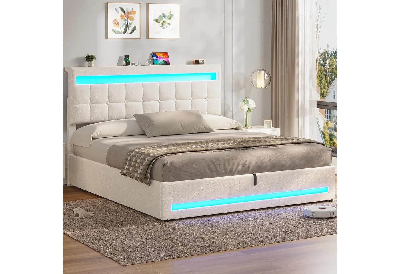 MSMASK Polsterbett Beige Hydraulisches Stauraumbett mit LED-Beleuchtung - Bild 4