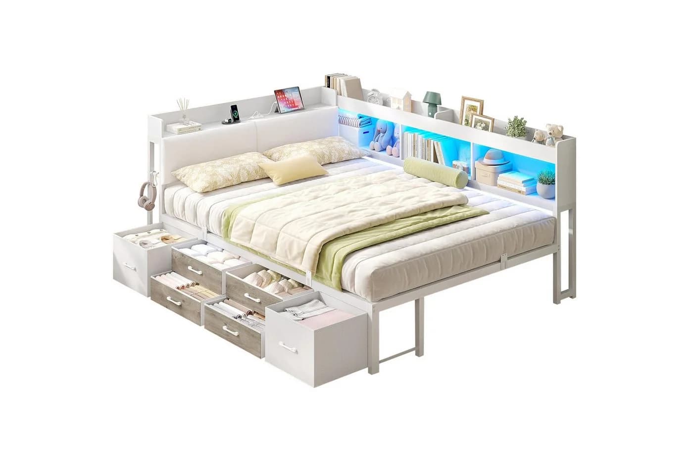 MSMASK Daybett Schlafsofa mit LED & Ladestation, Weiß/Grau/Braun - Bild 3