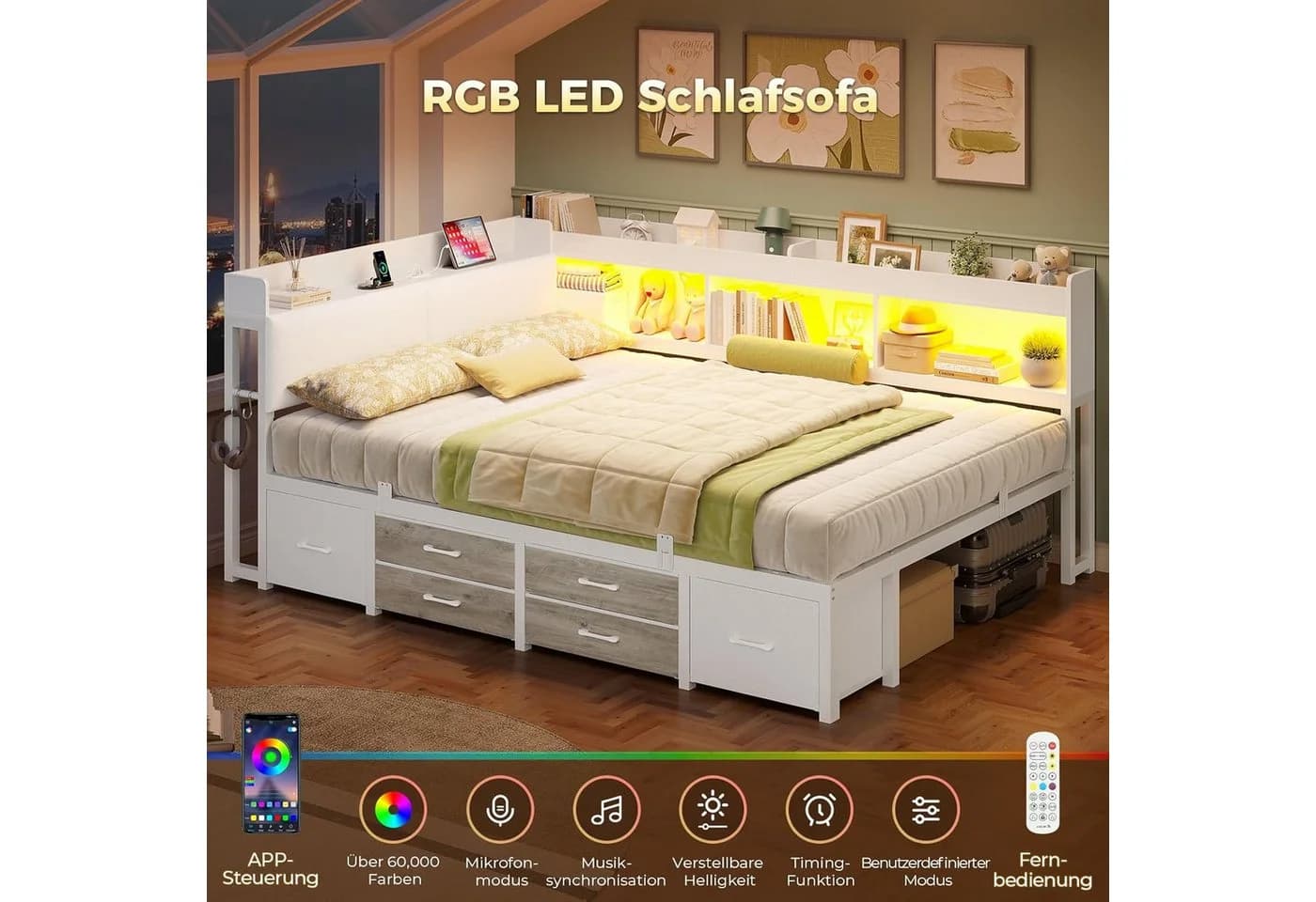 MSMASK Daybett Schlafsofa mit LED & Ladestation, Weiß/Grau/Braun - Bild 4