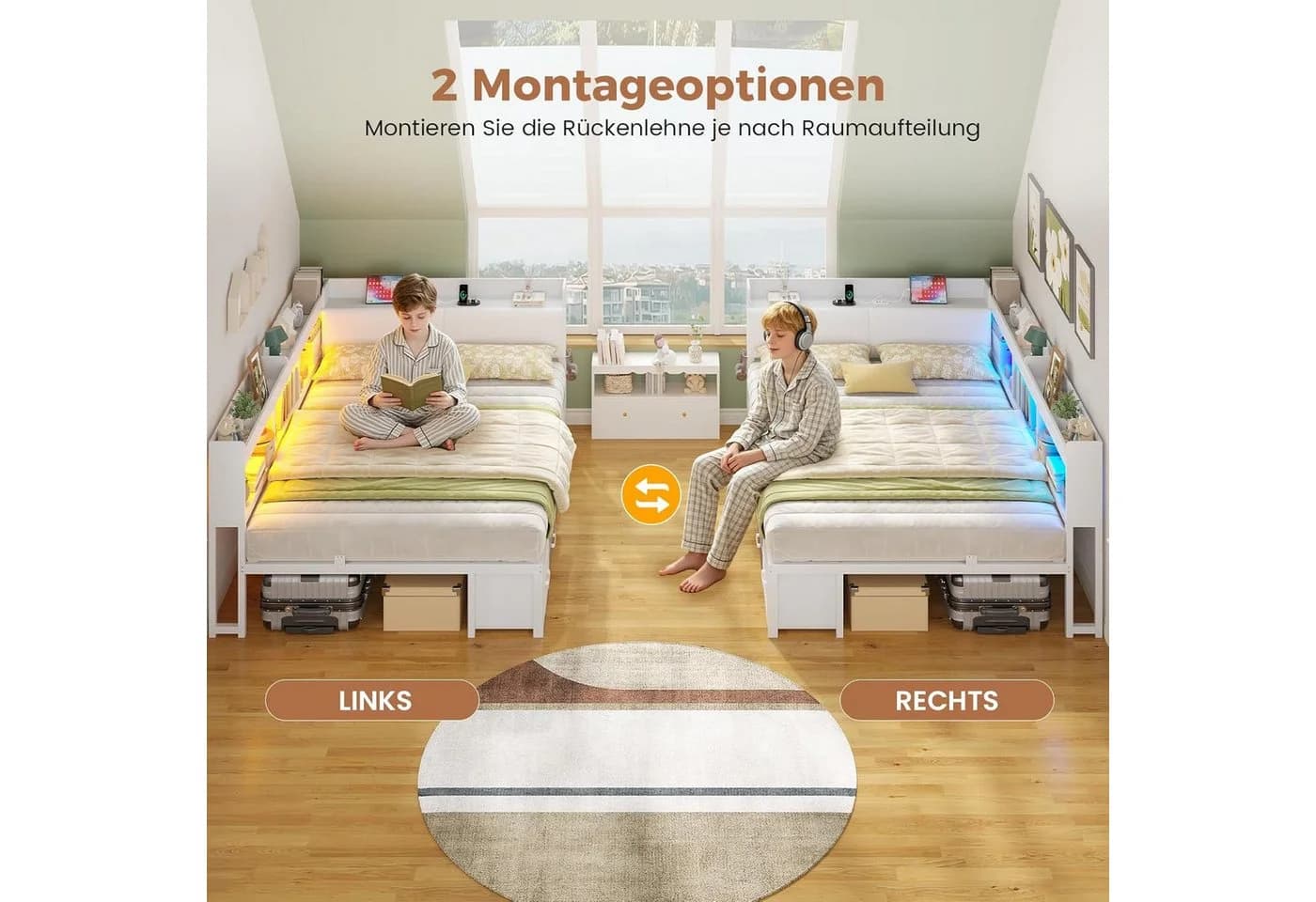 MSMASK Daybett Schlafsofa mit LED & Ladestation, Weiß/Grau/Braun - Bild 5