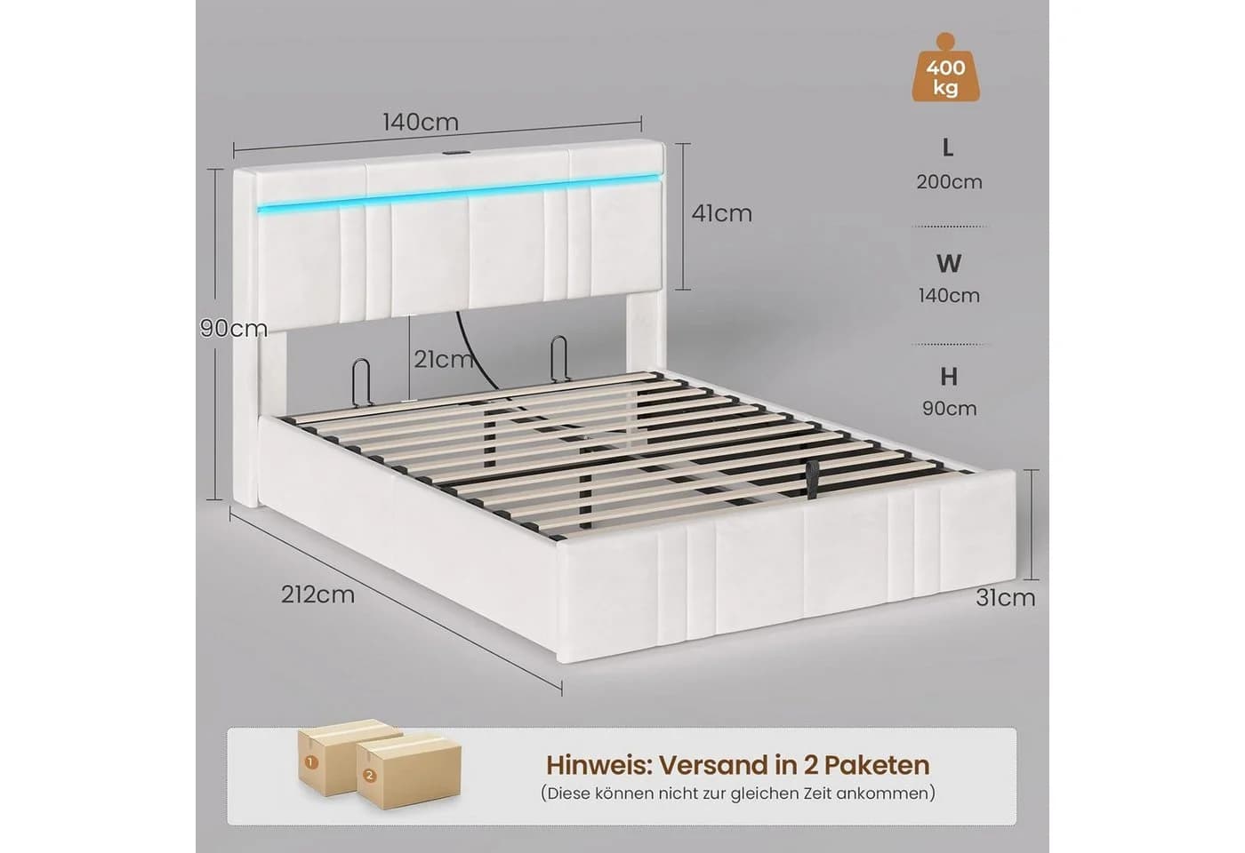 MSMASK Polsterbett 140x200 Beige/Grau mit Stauraum, LED & Steckdosen