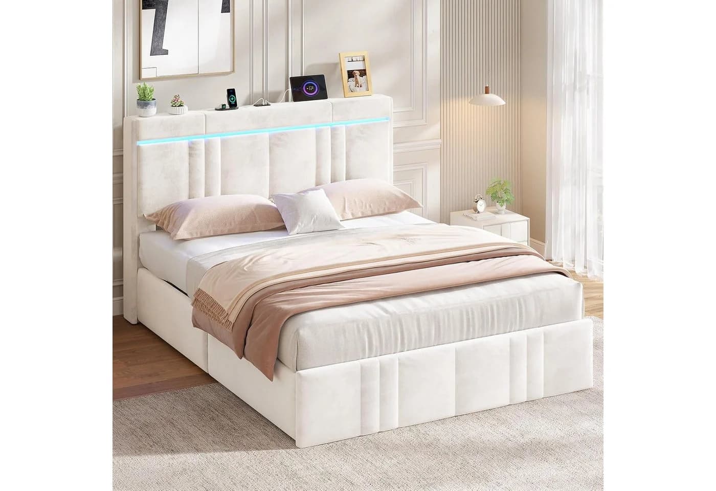MSMASK Polsterbett 140x200 Beige/Grau mit Stauraum, LED & Steckdosen - Bild 4