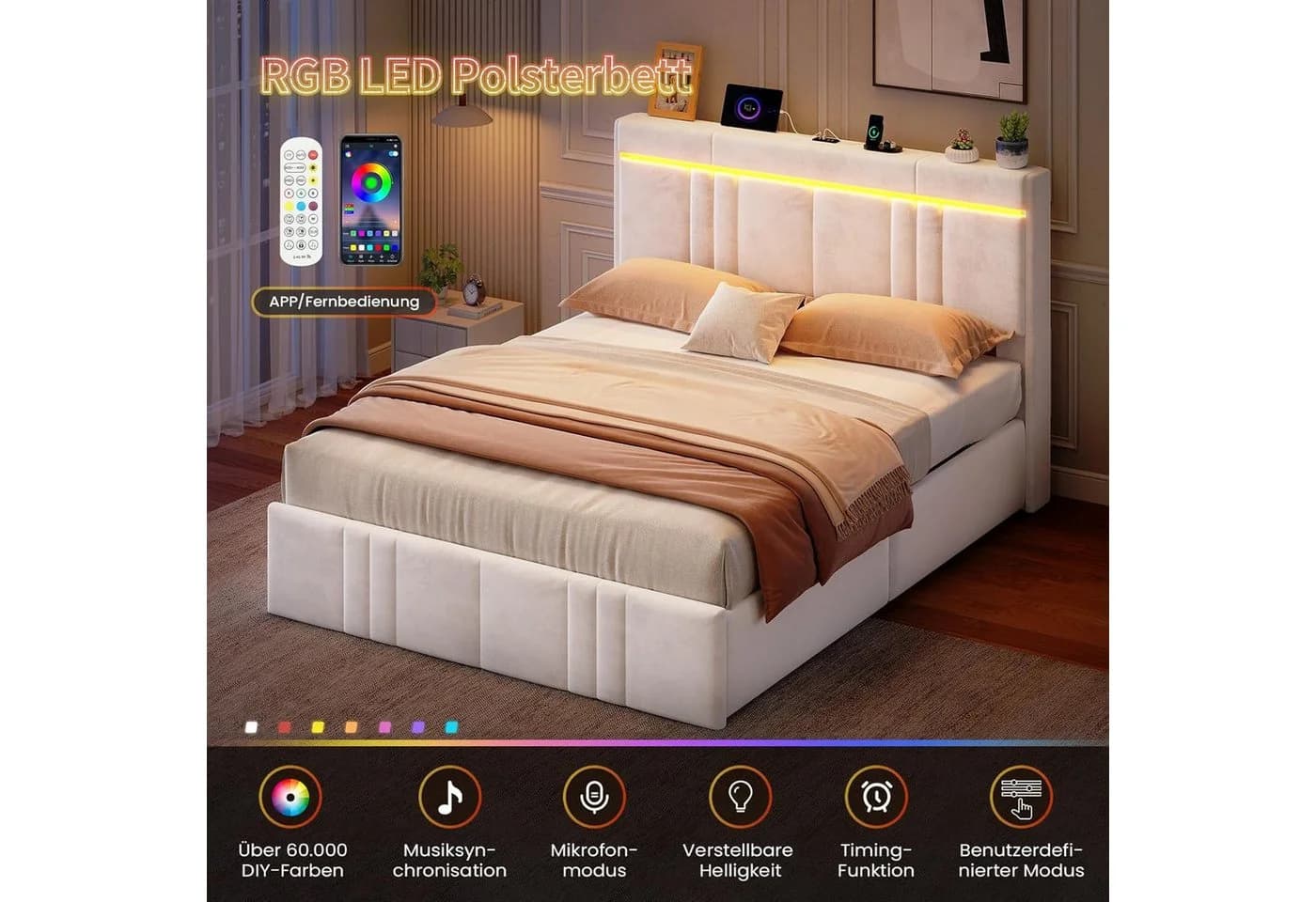 MSMASK Polsterbett 140x200 Beige/Grau mit Stauraum, LED & Steckdosen - Bild 5