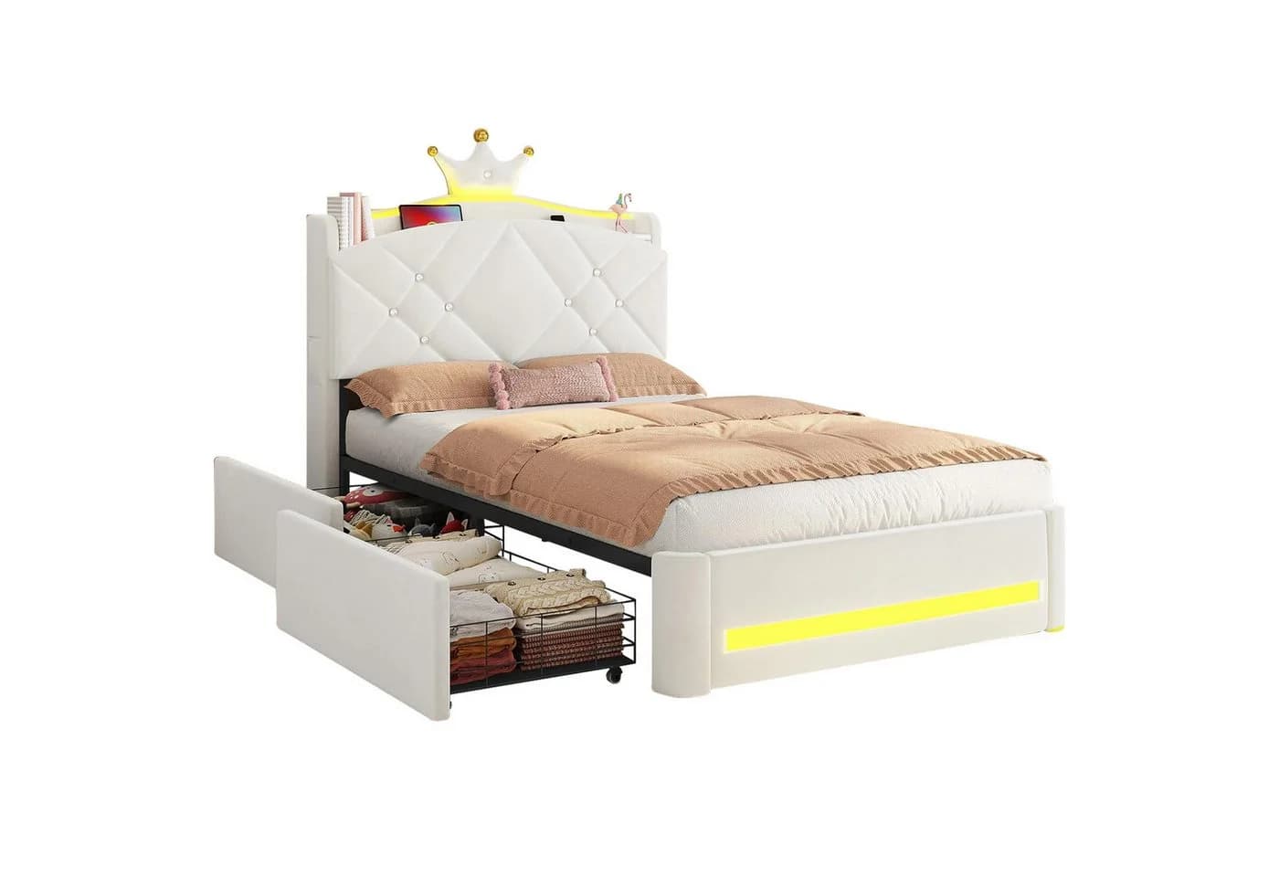 MSMASK Kinderbett Kronen-Design Samt Beige Rosa LED Stauraum - Bild 3