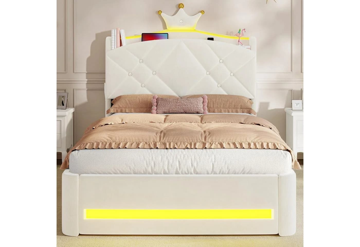 MSMASK Kinderbett Kronen-Design Samt Beige Rosa LED Stauraum - Bild 4