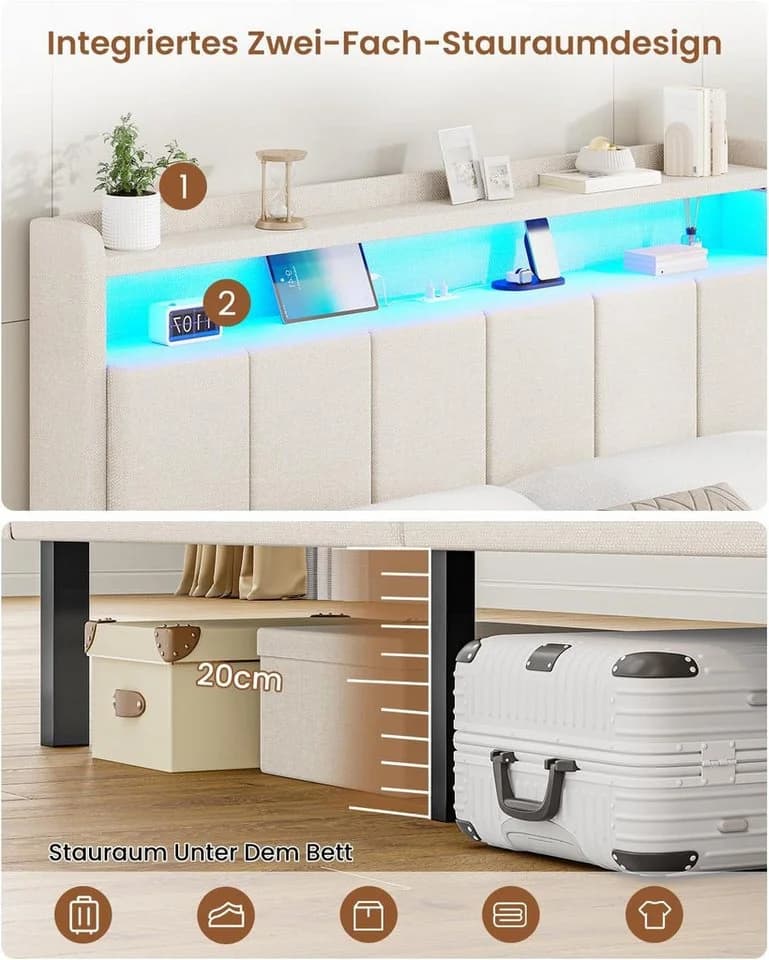 MSMASK Polsterbett 140x200 mit LED, Ladestation & Stauraum - Bild 5
