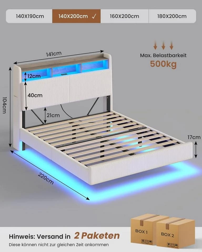 MSMASK Polsterbett mit LED-Beleuchtung und Ladestation Beige