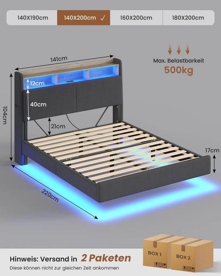 MSMASK Polsterbett Schwebebett mit LED-Beleuchtung und Ladestation Grau/Beige