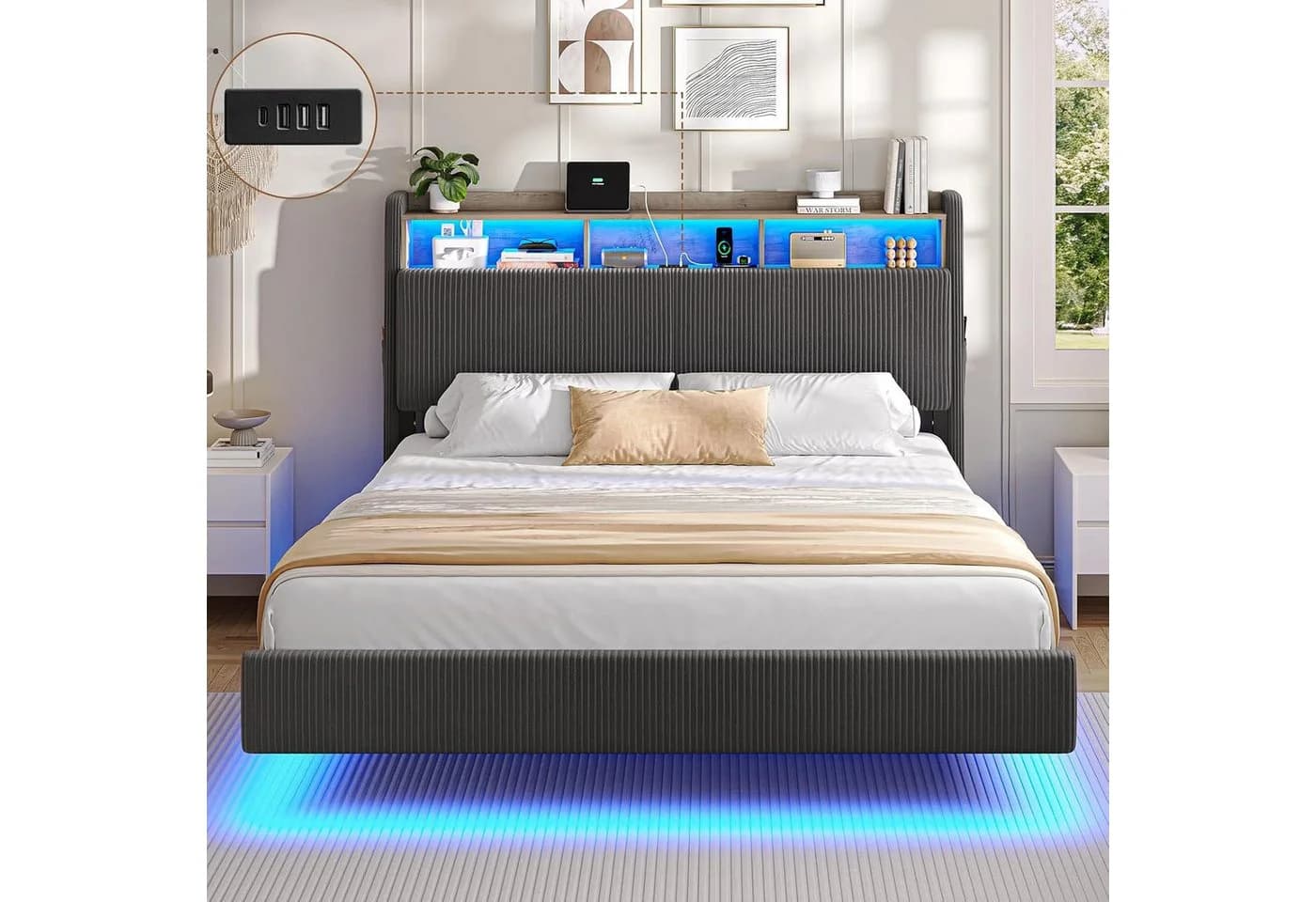 MSMASK Polsterbett Schwebebett mit LED-Beleuchtung und Ladestation Grau/Beige - Bild 2