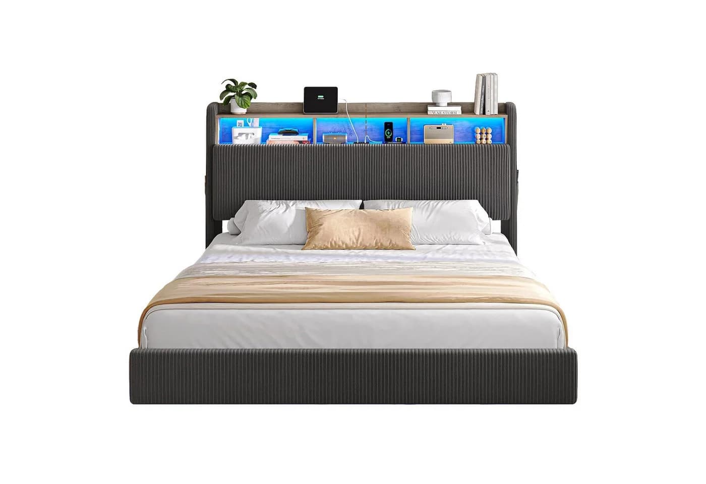MSMASK Polsterbett Schwebebett mit LED-Beleuchtung und Ladestation Grau/Beige - Bild 3