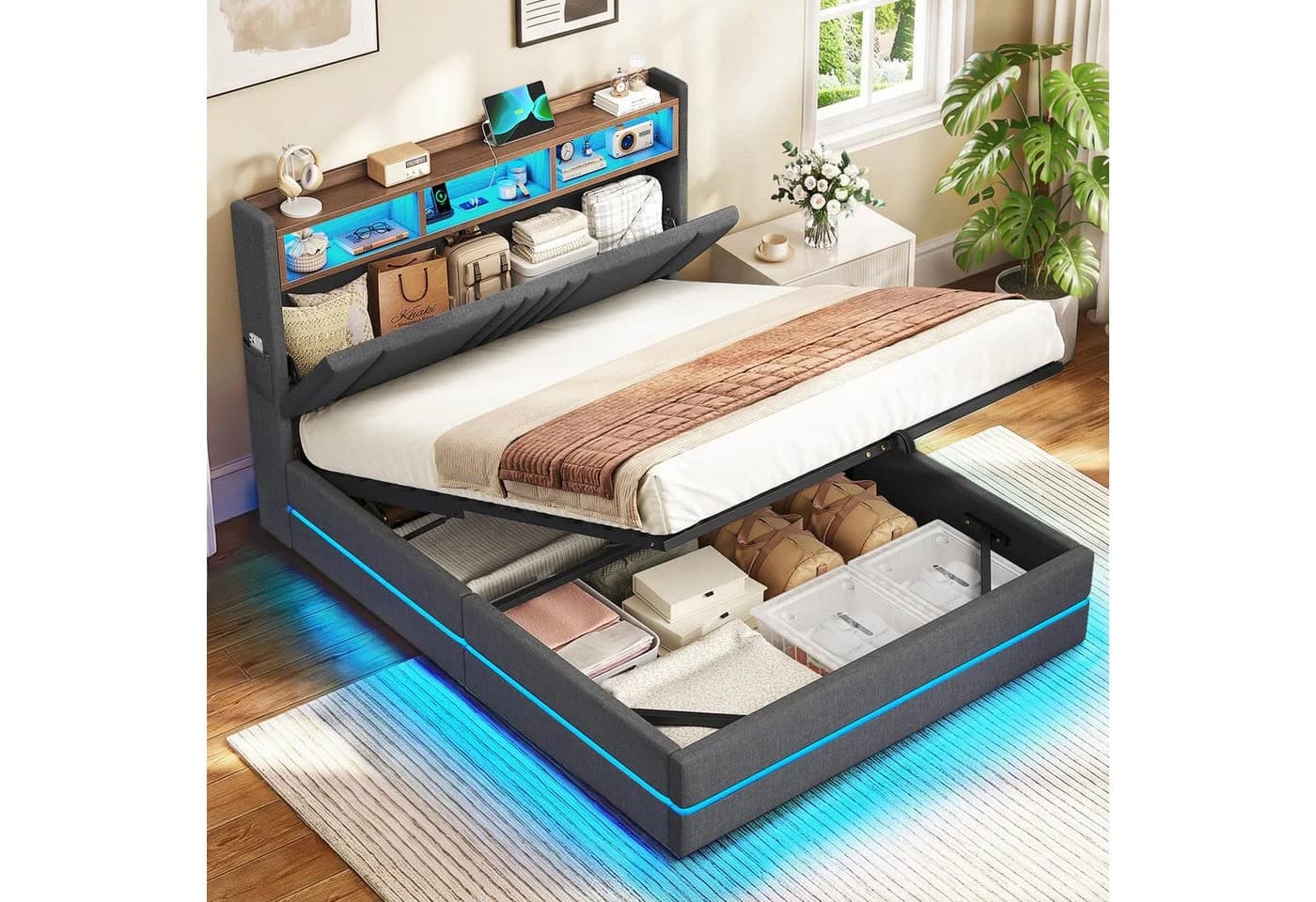 MSMASK Polsterbett 140x200cm mit Hydraulischem Stauraum und LED-Beleuchtung grau - Bild 2