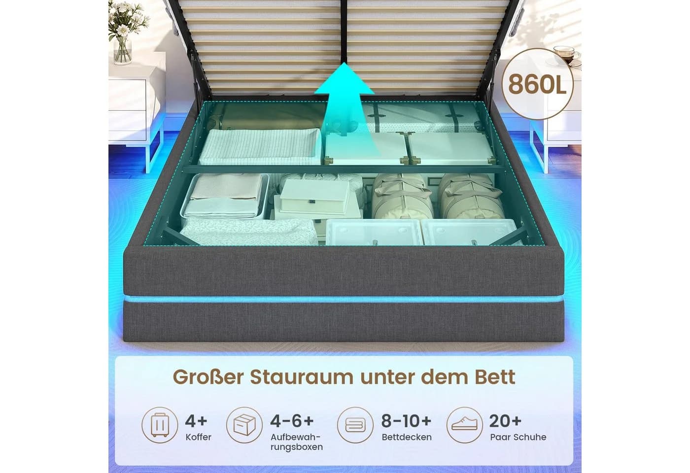 MSMASK Polsterbett 140x200cm mit Hydraulischem Stauraum und LED-Beleuchtung grau - Bild 4