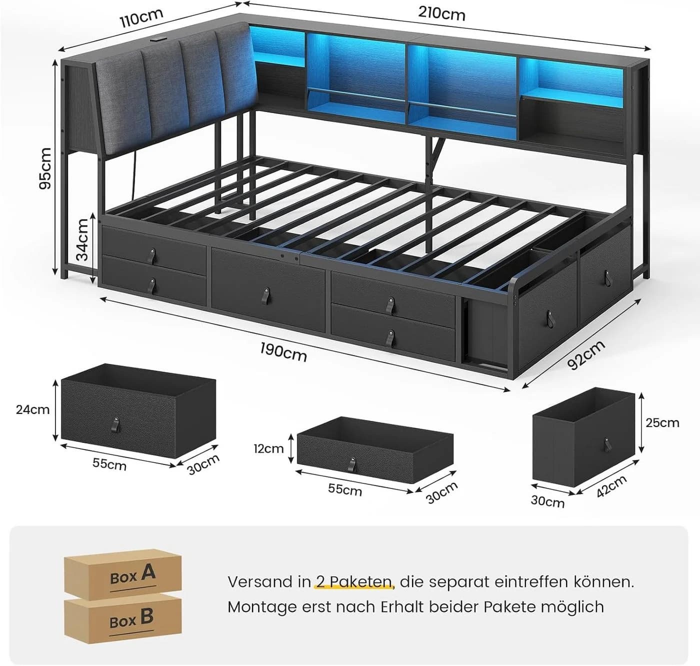 KIMENICH Jugendbett Schwarz mit LED, USB & 7 Schubladen