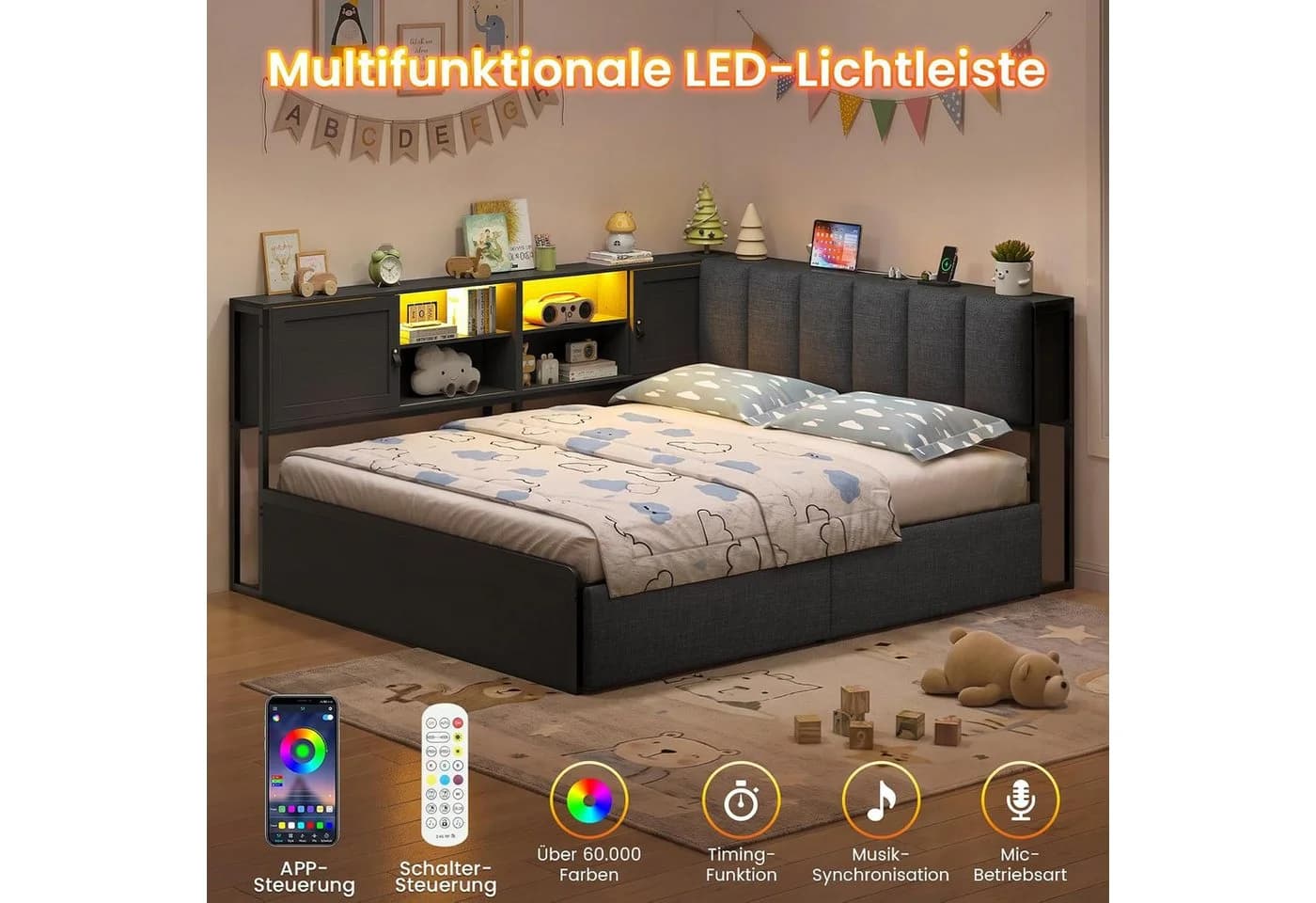 KIMENICH Polsterbett Schwarz mit LED-Beleuchtung und Stauraum - Bild 4