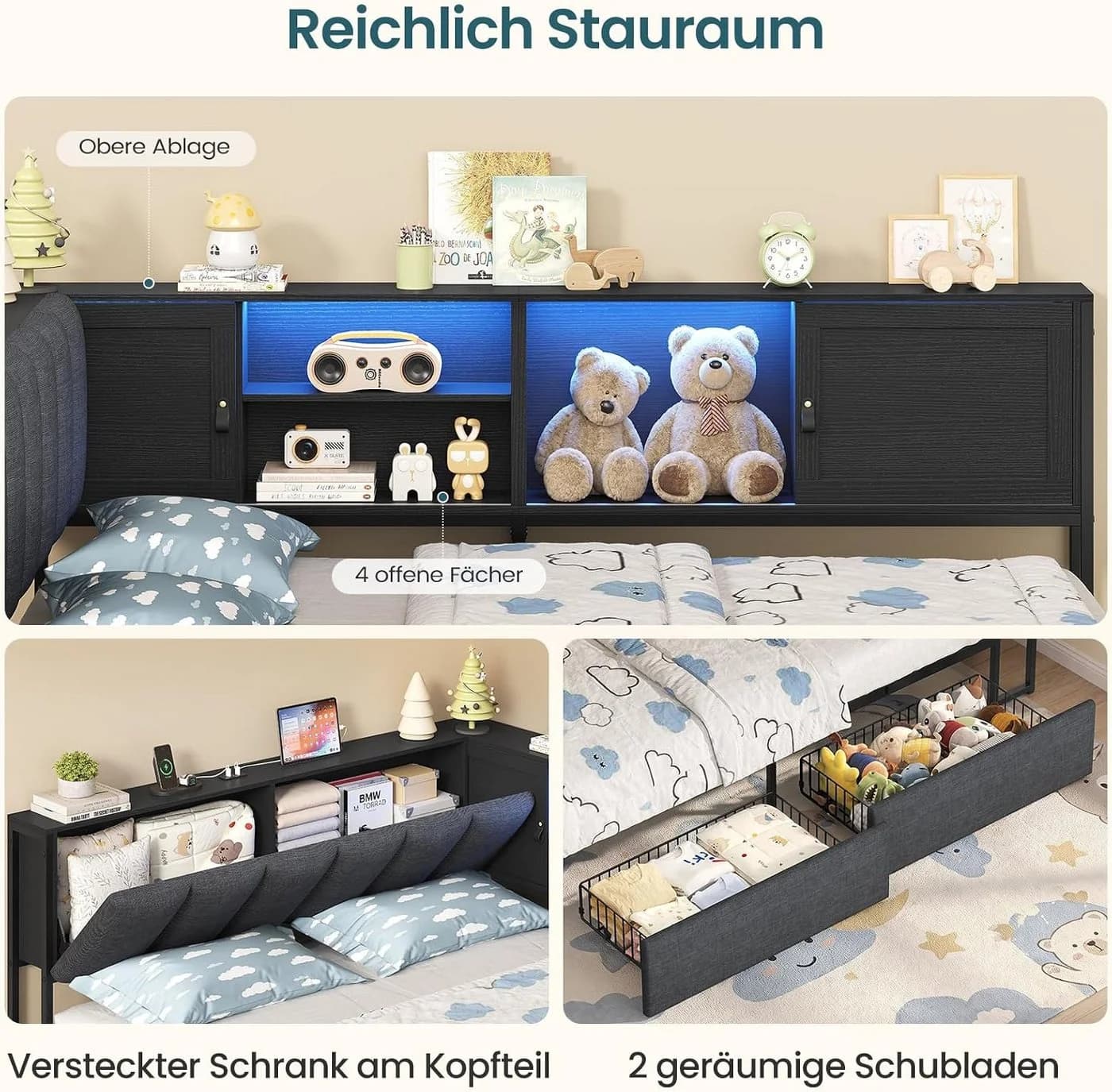 KIMENICH Polsterbett Schwarz mit LED-Beleuchtung und Stauraum - Bild 5