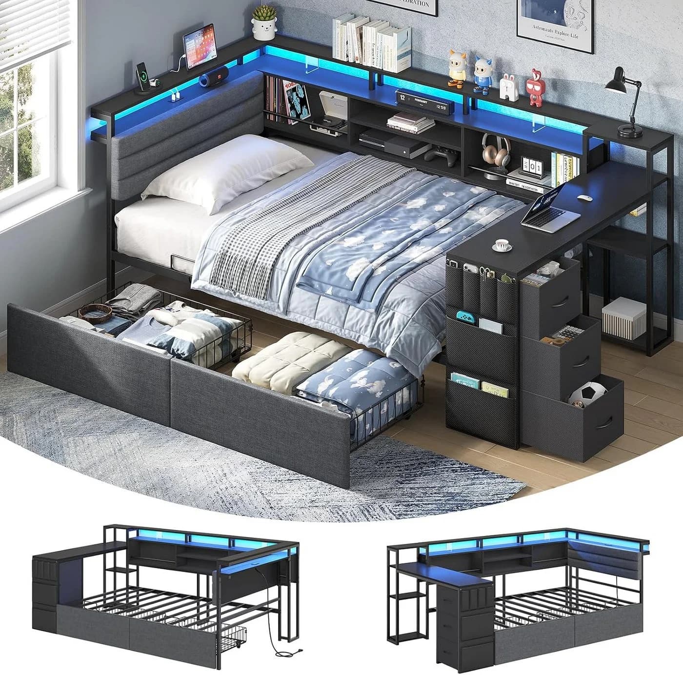 KIMENICH Jugendbett Schwarz mit LED-Beleuchtung und Schreibtisch - Bild 2