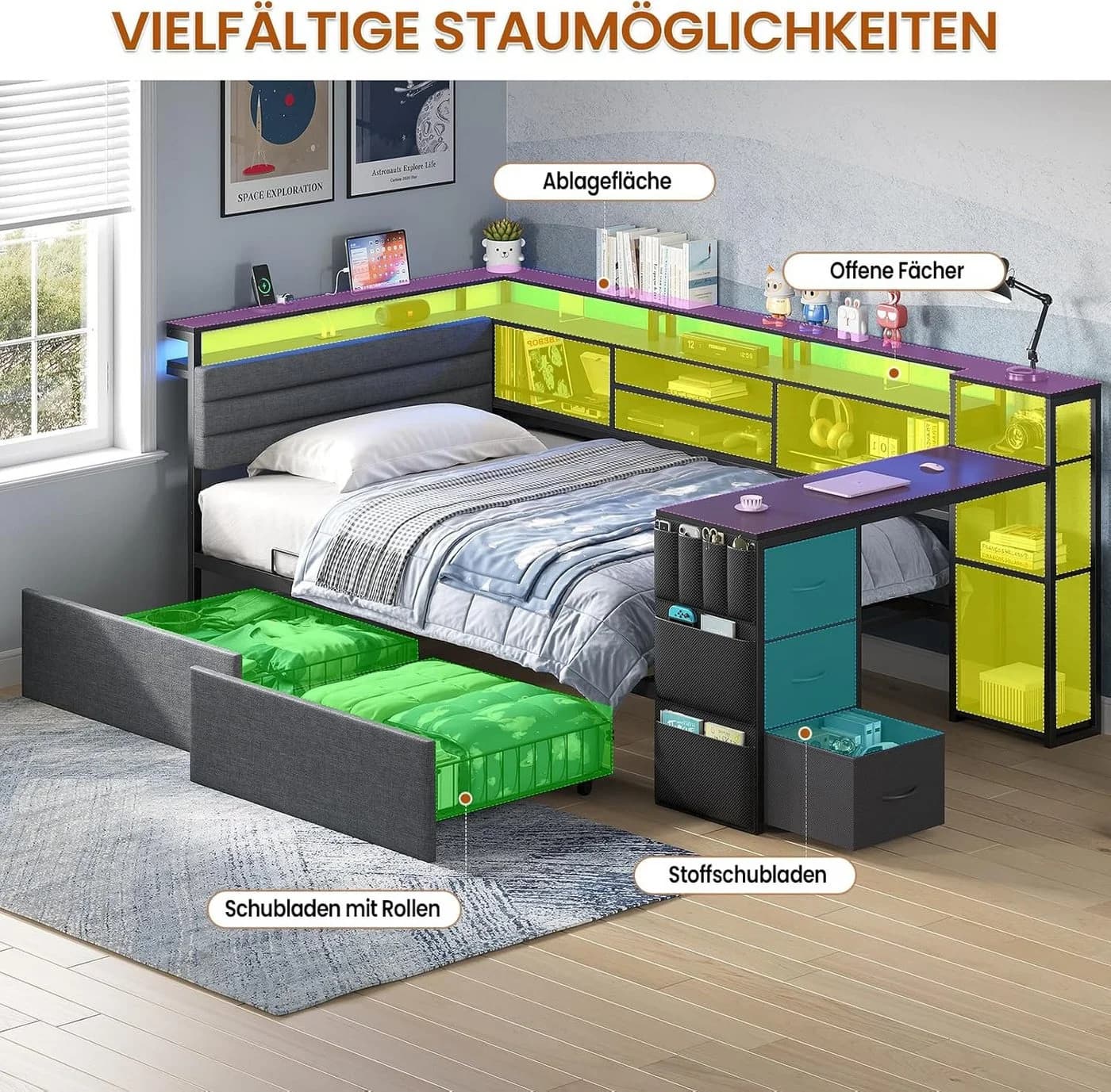 KIMENICH Jugendbett L-förmig Schwarz mit LED & Schreibtisch - Bild 4