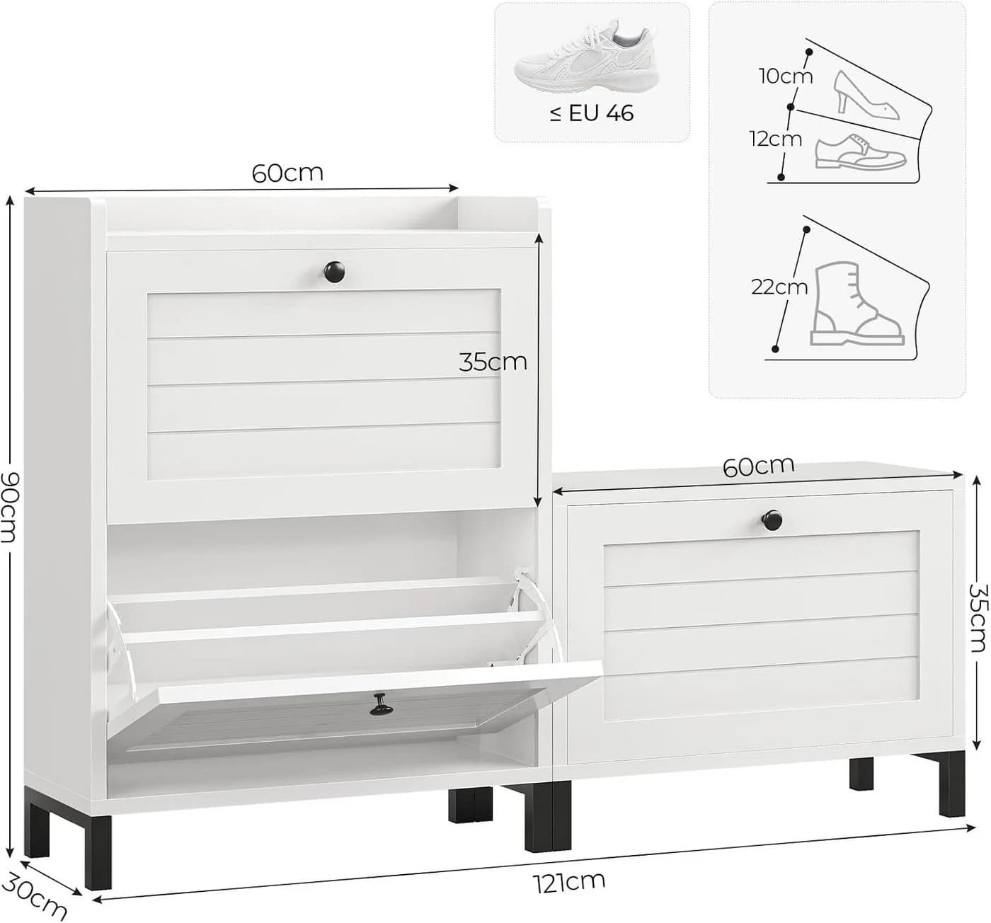 MSMASK Schuhschrank mit Sitzbank Weiß 3 Klappen