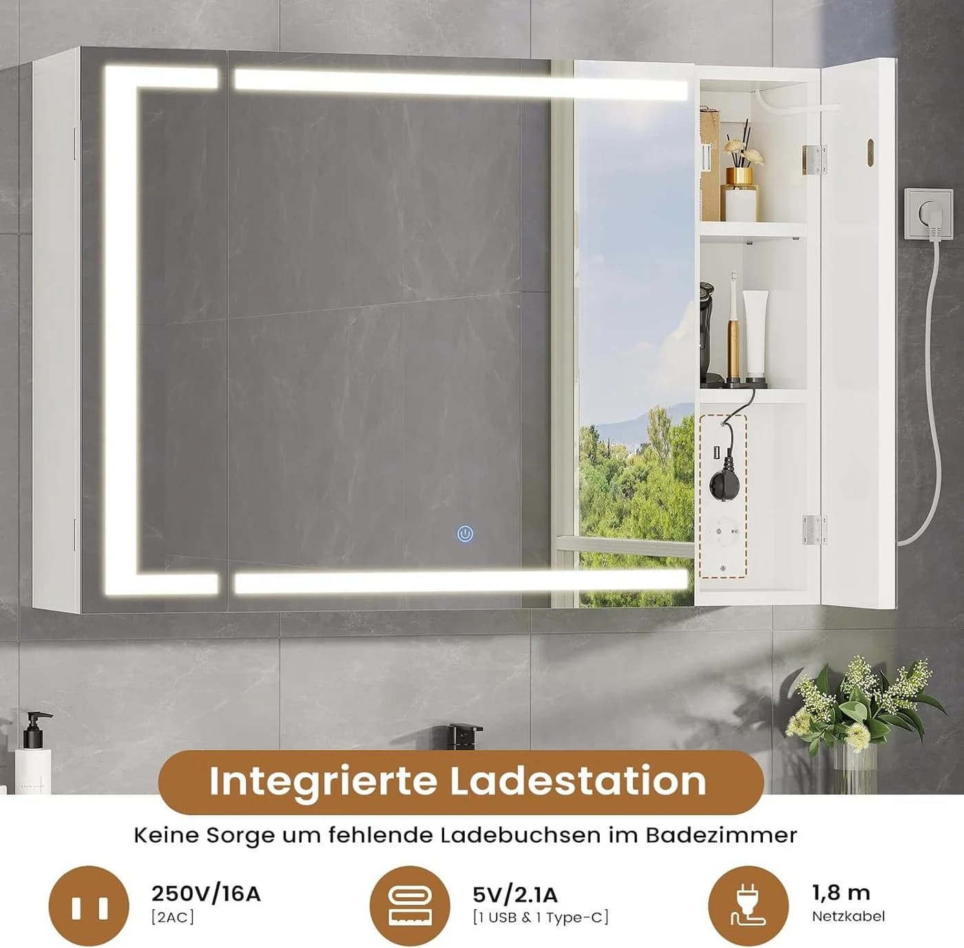 MSMASK Badezimmerspiegelschrank Weiß mit LED & Steckdose - Bild 4