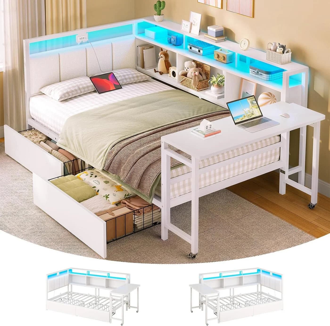 MSMASK Daybett mit Schreibtisch & LED-Beleuchtung Weiß - Bild 2