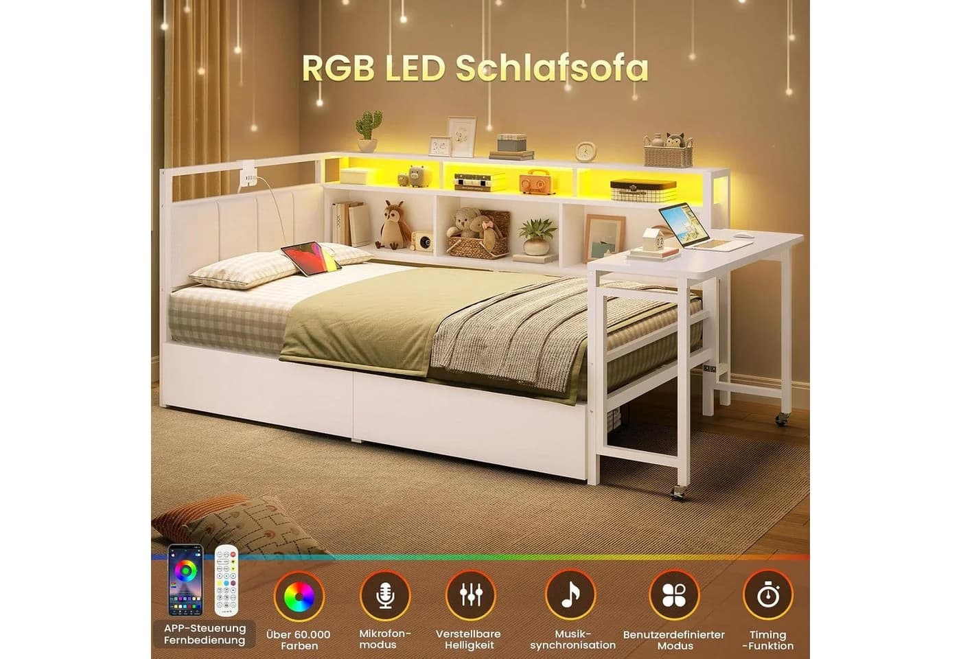 MSMASK Daybett mit Schreibtisch & LED-Beleuchtung Weiß - Bild 4