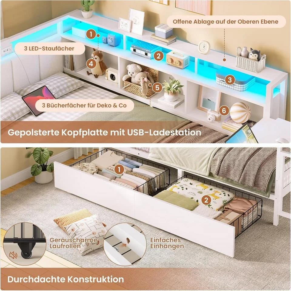 MSMASK Daybett mit Schreibtisch & LED-Beleuchtung Weiß - Bild 5