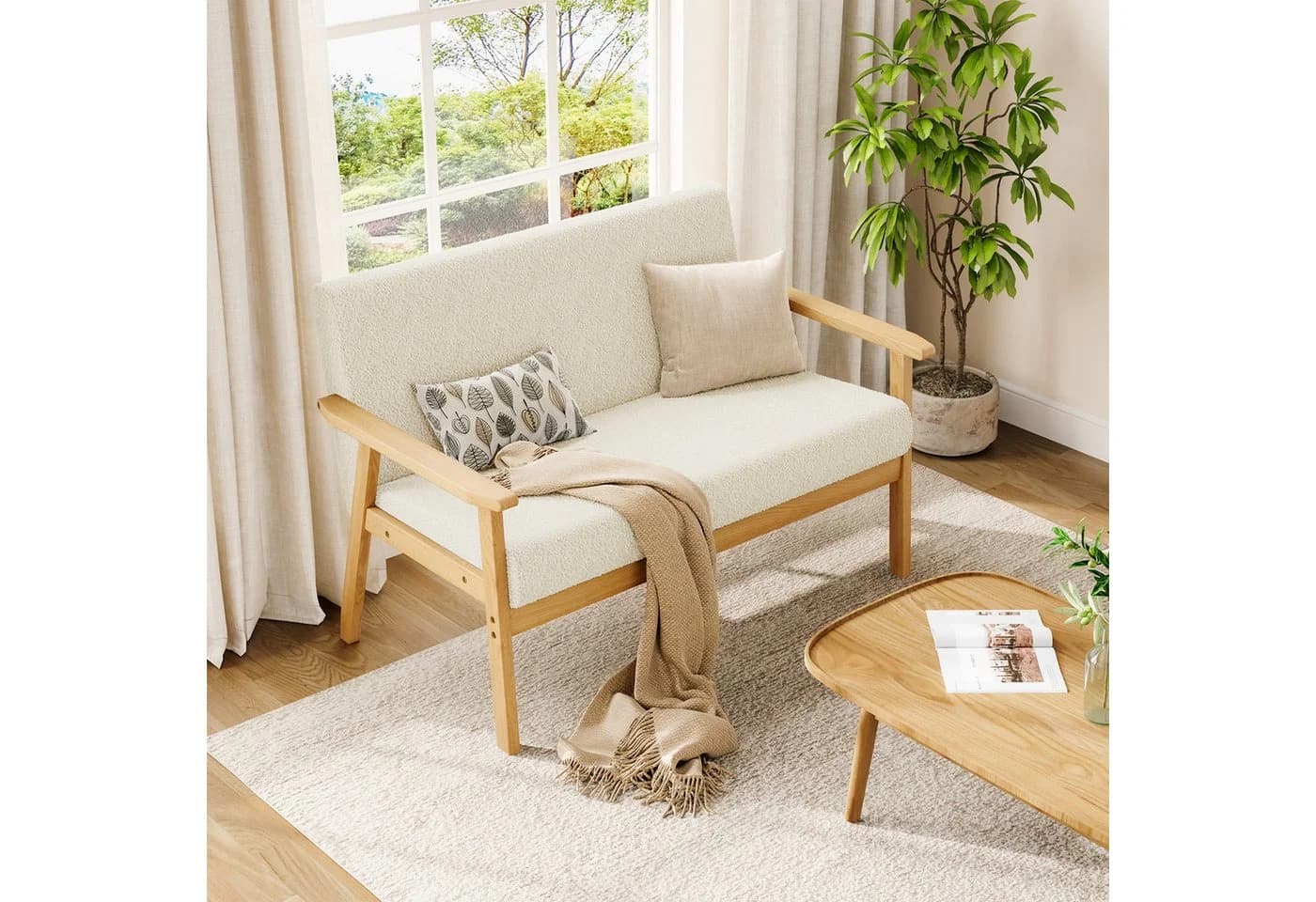 YOLEO 2-Sitzer Stoffsofa Couch mit Holz Armlehnen Loungesofa - Bild 3