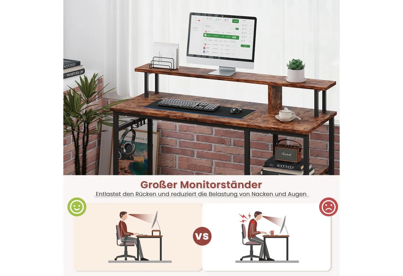 OUNUO Schreibtisch Computertisch mit Monitorständer und abnehmbarem Regal