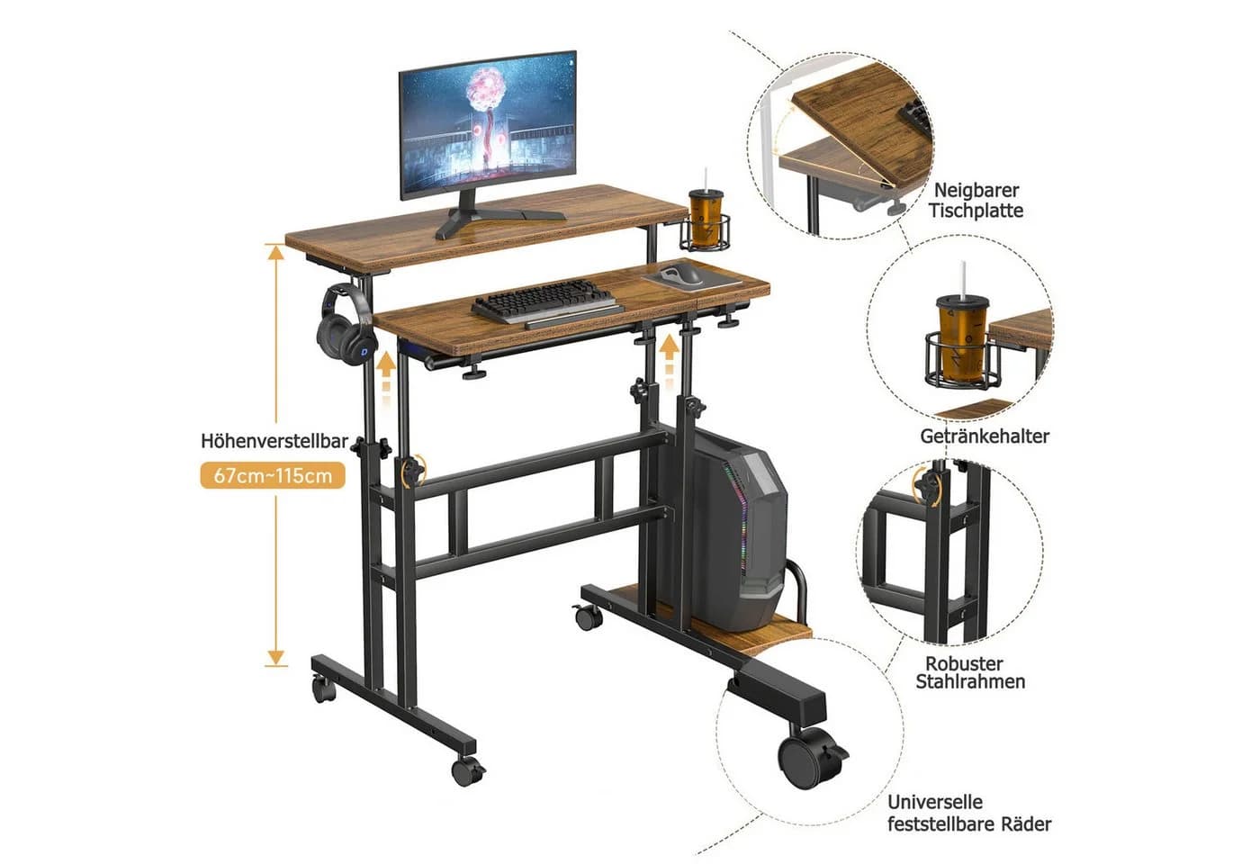 OUNUO Computertisch Höhenverstellbar mit Rollen und kippbarer Tischplatte - Bild 4
