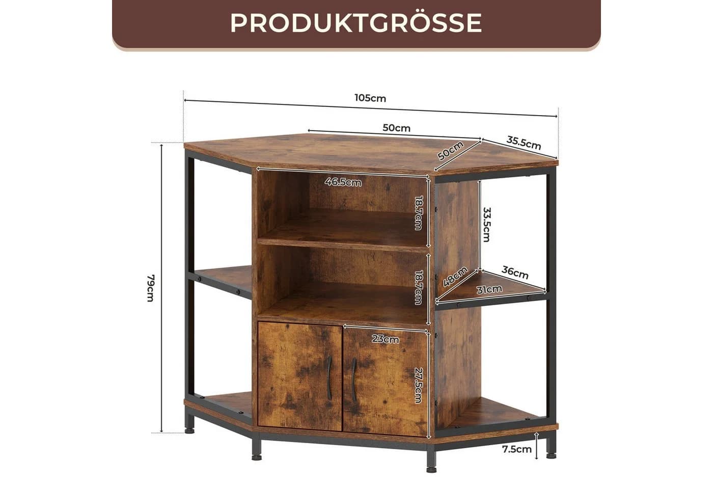 Dripex TV-Eckschrank mit LED, Industriedesign, 105x50x79 cm, Vintage Braun